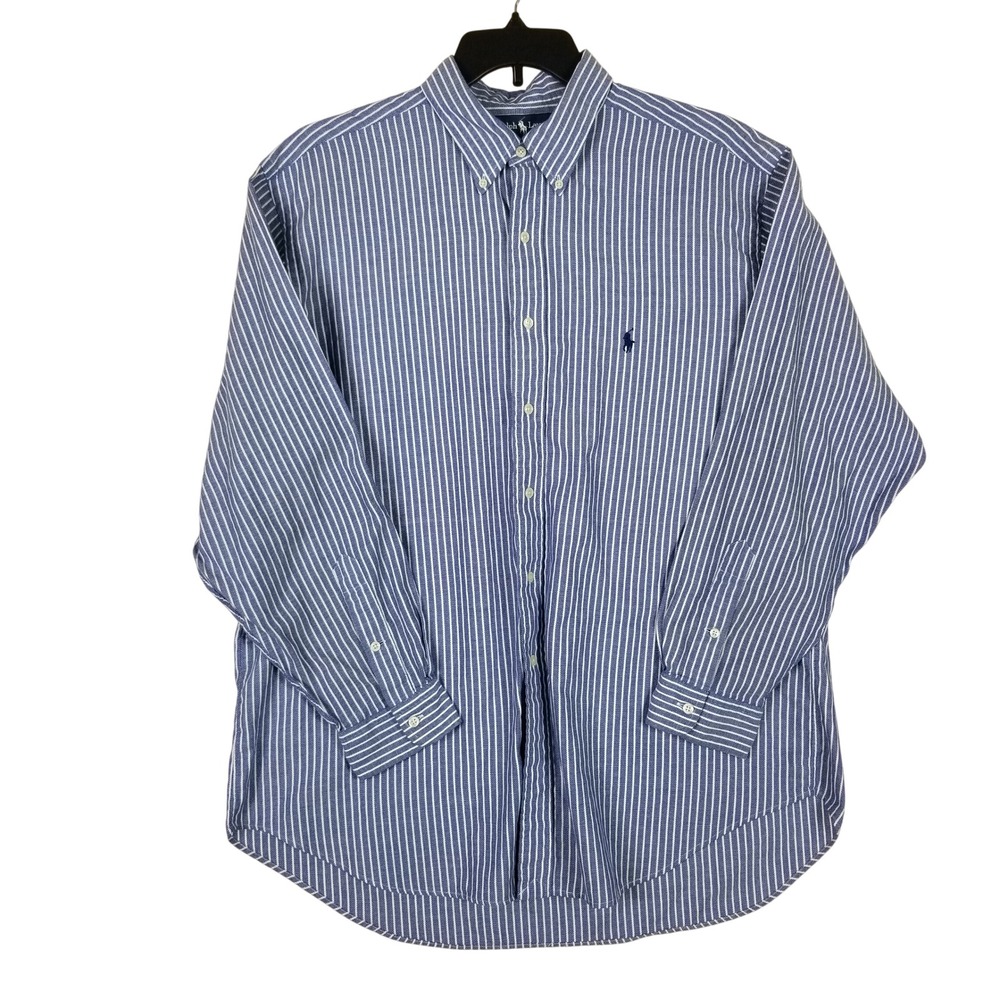 Ralph Lauren Yarmouth Button Down Men 17.5 34/35 Blue White Striped Cotton Shirt